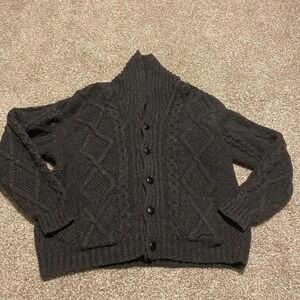 Aran Crafts Merino Wool Cardigan sweater gray cable knit chunky fisherman